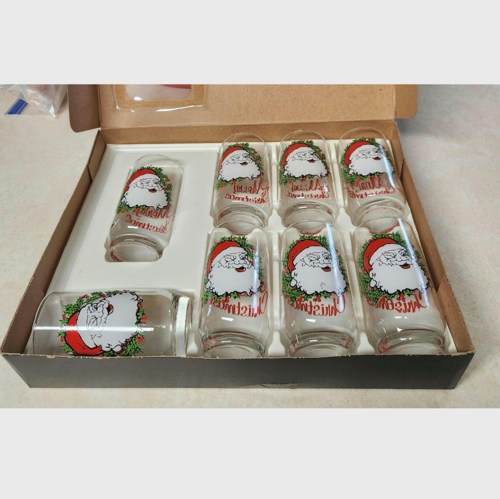 70s Set Anchor Hocking Winking Santa Glass Tumblers Hostess Box Merry Christmas - Picture 10 of 10